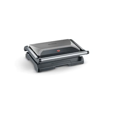 SEVERIN Bistecchiera Elettrica Compatta, 800W, Piastre Antiaderenti (23,0 x14,5 cm), Coperchio Basculante, Vassoio Removibile, Salvaspazio, 27,0 x 22,5 x 8,5 cm, Grigio Metallizzato - KG 2394