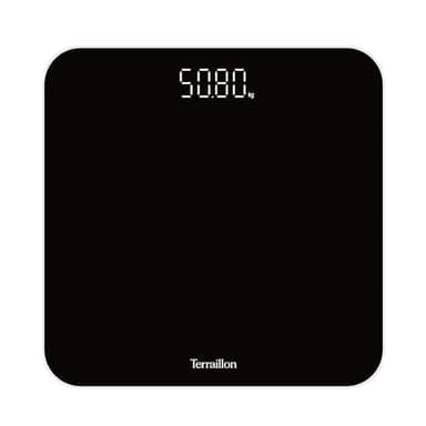 TERRAILLON - Bilancia Pesapersone Digitale TSQUARE NERO- Compatto e ultra piatto 26 cm x 26 cm - Vassoio vetro-ampio schermo LCD-capacità 180 kg - Graduazione 100 g - Nero