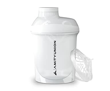 AMITYUNION Protein Shaker Deluxe 400 ml a prova di perdite, senza BPA, con setaccio e scala - ORIGINALE - per frullati cremosi di proteine ​​del siero di latte in polvere, shaker per proteine, bianco