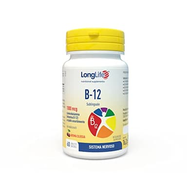 LongLife® B12 1000 mcg | Vitamina B12 | Formula esclusiva sublinguale ad alto dosaggio | Elevato assorbimento | 2 mesi di trattamento | 60 tavolette | Vegano e senza glutine