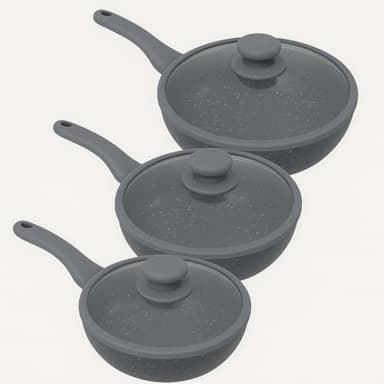 Generico Tris padelle Bavaria in pietra lavica antiaderenti 3 Padelle + 3 Coperchi Pietra Lavica 20-24-28cm, Pietra Lavica, Adatto a piano a Gas e a Induzione, Padelle e Coperchi (Grigio)