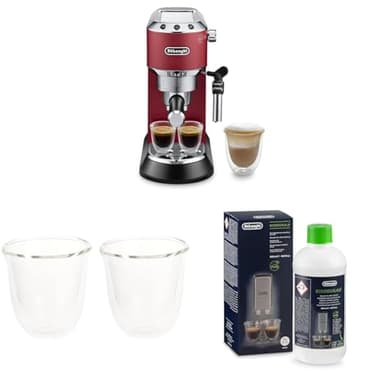 De'Longhi Dedica EC 685.R Macchina per caffè espresso portafiltro, Rossa + Bicchiere per caffè espresso isolato Set di 2 + Decalcificante | Anticalcare universale per 4 cicli di disincrostazione