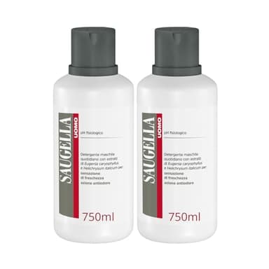 Saugella Uomo, Detergente Intimo e Corpo Rivitalizzante, Antiodore, Con Estratti di Elicriso e Chiodi di Garofano per un Uso Quotidiano nel Rispetto del pH Fisiologico, 2 Detergenti da 750 ml
