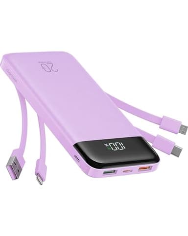 Charmast Power Bank 20000mAh con Cavi Integrati USB C Caricabatterie Portatile Carica Rapida 22.5W Batteria Esterna LED Display con 5 Uscite e 4 ingressi per Smartphones e Tablet (viola)