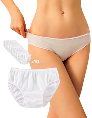goMinisan Slip Donna, 10 Mutande confezionate singolarmente, 100% Cotone, monouso, USA e Getta, per Ospedale, maternità, Post Parto, Mutandine Gestante (IT, Testo, M, Regular, Regular, Bianco)