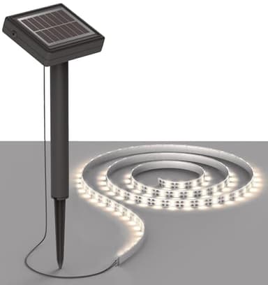 ChiliTec Striscia di luce solare LED, 3 m, sensore crepuscolare, pannello LED, paletto da terra, IP44, illuminazione esterna silicone, colore bianco caldo