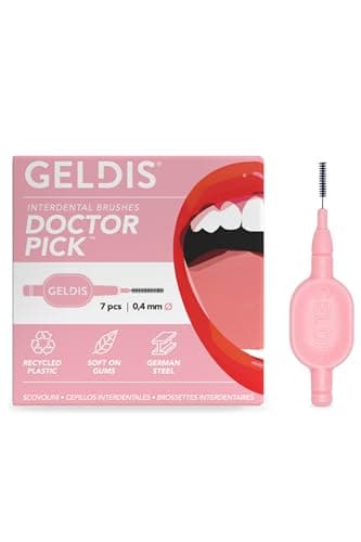 GELDIS Scovolini Dentali Doctor Pick - Scovolino Interdentale per Pulizia Denti, Scovolino Denti per Igiene Dentale, Rimuovi Tartaro Denti, 7 pezzi - Con Cappuccio (Rosa, 0,4mm)