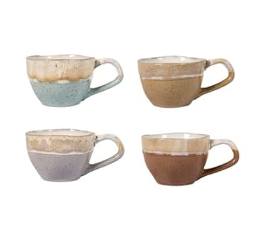 H&H Malika – Set 4 Tazzine da Caffè 110 ml in Stoneware, Colori Assortiti, Effetto Artigianale, Decorazione Bicolor Puntinata, Robuste ed Eleganti, Ideali per Espresso