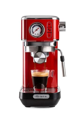 Ariete 1381 - Caffettiera con manometro, compatibile con caffè in polvere e pastiglie ESE 1300 W, capacità 1,1 l, filtro a pressione 15 bar, dispositivo cappuccino da ½ tazze, colore: rosso