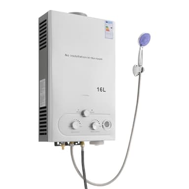 Scaldabagno GPL da 32 KW, capacità 16 l, acqua calda istantanea con soffione doccia e tubo, scaldabagno a gas mobile per campeggio, roulotte e giardino, alta efficienza (≥80,8%), facile da montare