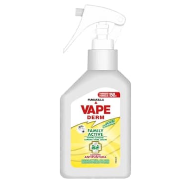 Vape Derm Family Active Lozione Antipuntura Contro Zanzare e Zecche a Base di Icaridina Spray 150 ml Uso Per Adulti e Bambini Efficace e Delicato (1 Unità)