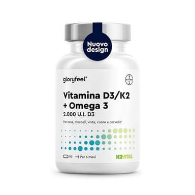 Vitamina D3 + K2 + Omega 3, 90 Capsule Softgel, Eletto PRODOTTO DELL'ANNO 2025, 2000UI Vitamin D, 100 µg Vitamina K (K2VITAL® di Kappa), 1000mg Olio di Pesce 400mg EPA e 300mg DHA