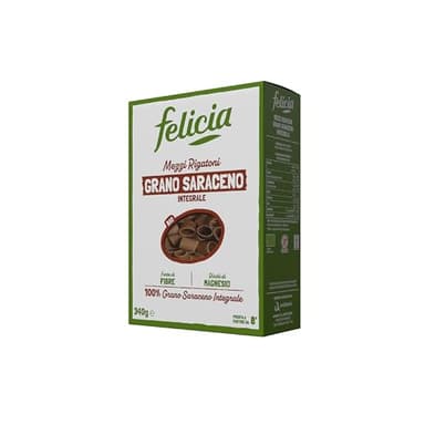 Felicia, Mezzi Rigatoni di Grano Saraceno Integrale, Ricca di Magnesio, Ricca di Manganese, Fornte di Fibre, Senza Glutine, Bio, Vegan, Gusto Deciso, Confezione da 340 g