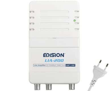 EDISION LIA-200 Amplificatore Antenna TV da interno UHF/VHF, 12-24db Regolabile, 104dBmV, per Digitale Terrestre DVB-T/T2, con filtro 5G LTE, 1 ingresso, 2 uscite