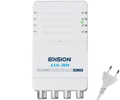 EDISION LIA-301 Amplificatore Antenna TV da interno UHF/VHF, 5-20db Regolabile, 98dBmV, per Digitale Terrestre DVB-T/T2, con filtro 5G LTE, 1 ingresso, 3 uscite, Connettori IEC