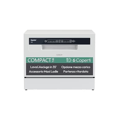 Candy Rapido' CP 6E51LW Lavastoviglie Compatta da tavolo, Libera Installazione, 6 Coperti, 5 Programmi, 51 dB, Ciclo Rapido 35', Partenza ritardata, Classe E, AxLxP 44,3x55x50,1 cm, Bianco [Classe E]