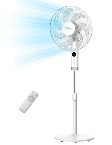 Midea MFS400R0APW Ventilatore a Piantana Silenzioso da 50W, 3 Velocità Regolabili, 7 Pale Bioniche, Oscillazione 90°, Timer 7H con Telecomando, Display LED, Motore AC Potente, Bianco