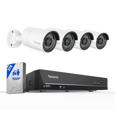 Reolink 5MP PoE Kit Videosorveglianza Esterno, 4K NVR 8CH 2TB + 4x 5MP Telecamera, Rilevamento di Uomo/Veicolo, Visione Notturna IR, Impermeabile IP67, Registrazione 24/7, RLK8-410B4-5MP (Bianco)