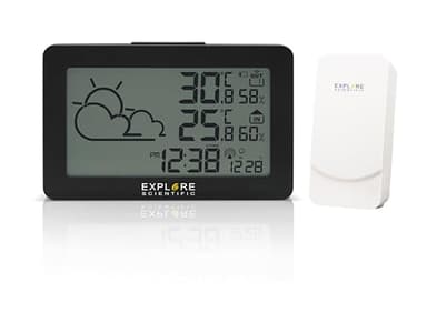 EXPLORE SCIENTIFIC WSH-4002-Stazione meteo, orologio radiocontrollato, temperatura e umidità interna ed esterna, schermo LCD retroilluminato, colore nero