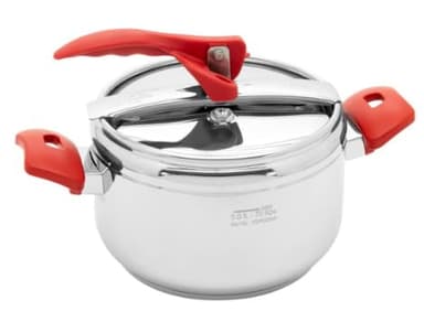 Pentola a Pressione in Acciaio Inox con Manici Rossi, 5 Litri, Coperchio di Sicurezza