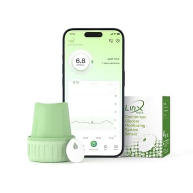 Linx Vista Monitor Continuo di Glucosio (CGM) & APP. Misurare glicemia 24/7, Analizza e Condividi l’Impatto della Glucosio con la Famiglia Amata. Fino a 15 Giorni, Compatibile con iOS & Android.