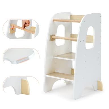 Growaystory Torre Montessoriana, Learning Tower Sicura con Altezze Regolabili, Torre di apprendimento con Doppia Barra di Protezione, Antiscivolo & Sistema Anti-Ribaltamento(Bianco)