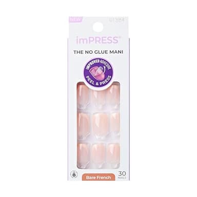 KISS imPRESS Bare Press-On Nails 'Heroic' - 30 Unghie Finte Corte No Glue, French Nude, con Adesivo Pre-applicato e Tenuta Fino a 10 Giorni. Forma quadrata.