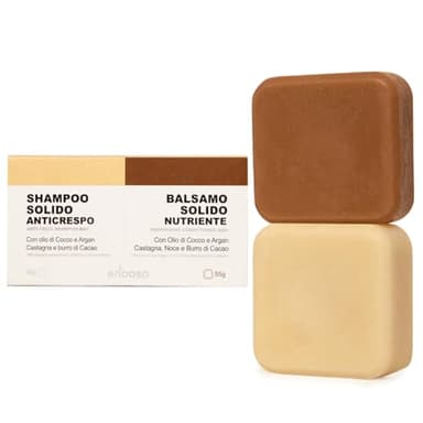 Set Shampoo e Balsamo solido per capelli Ricci e Crespi | Senza solfati siliconi parabeni | Bio Anticrespo e Nutriente con Olio di Argan e Cocco, Castagna e Cacao | 100% Naturale Vegano Made in Italy