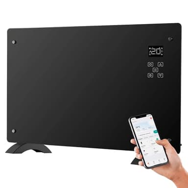 Avilia Termoconvettore Elettrico 1500W in Vetro con Display LED, Comandi Touch, Timer e Tecnologia Avanzata - Fissaggio a Muro o Terra - Compatibilità con Google Assistent e Alexa - 47x77x23cm