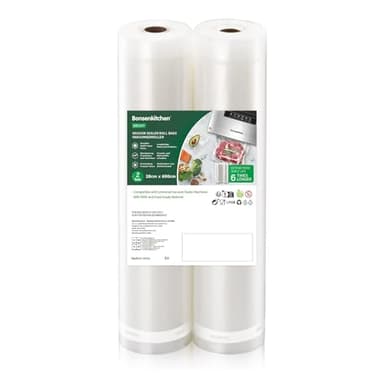 Bonsenkitchen Sacchetti per Sottovuoto, 2 rotoli 28 x 600 cm (totale 12 m) Sacchi commerciali per conservazione alimenti e cottura Sous Vide, VB3207