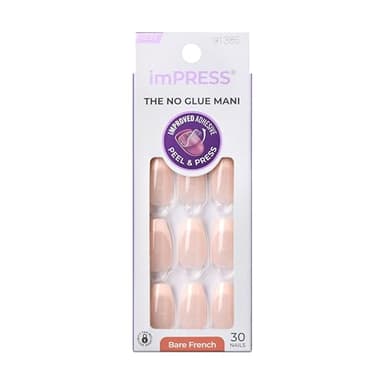 KISS imPRESS Bare Press-On Nails 'Genuine' - 30 Unghie Finte Corte No Glue, French Nude, con Adesivo Pre-applicato e Tenuta Fino a 10 Giorni. Forma almond.