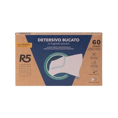 R5, Detersivo Bucato in Foglietti Solubili, 60 Lavaggi, Detersivo in Fogli con Enzimi per Lavatrice o Lavaggi a Mano, per Capi Bianchi e Colorati, Profumo Fiori di Lino, Eco-Formato