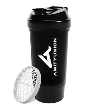 AMITYUNION Shaker per proteine ​​FYRA 700 ml con contenitore - scomparto polvere - shaker per proteine, senza BPA con setaccio e scala per frullati di siero di latte e BCCA, (Black)