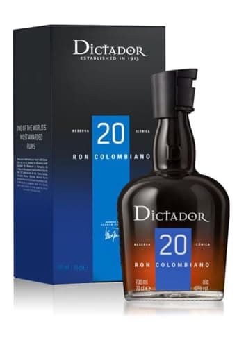 Dictador 20, 700 ml, Rum Scuro Artigianale Premium, Note di Caramello, Cacao e Miele, Rum Colombiano Invecchiato fino a 20 anni in Botti ex-Bourbon, Finish in Botti ex-Porto, Idea Regalo, 40% Vol.