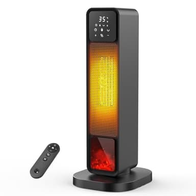 Termoventilatore a Colonna, Stufa Elettrica Basso Consumo 2200W PTC, Stufa Elettrica con Effetto Camino LED, Telecomando, Oscillazione, Timer 12H, Múltiples Funciones de Protección per Ambienti 25m²