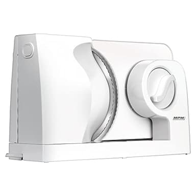 MPM MKR-05 Affettatrice Elettrica Pieghevole, Affettapane, Spessore di Taglio Regolabile fino a 15 mm, Protezione per le Dita, Disco di Taglio in Acciaio Inox 17 cm, 150W, Bianco