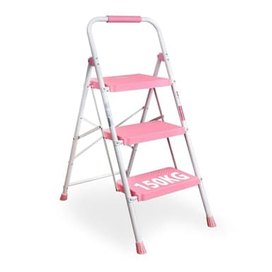 BONTEC Scala 3 Gradini Rosa - Scala Pieghevole in Acciaio con Portata di 150 kg, Antiscivolo, Scaletta Compatta e Resistente, Ideale per Uso Domestico e Professionale