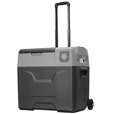 HOMCOM Frigorifero Portatile per Auto 50L 12/24V DC 110-240V AC, Frigo Portatile con Pannello Touch, Maniglia e 2 Rotelle, in Alluminio e Plastica, per Barca, Camper, 58.6x37.8x54.5 cm, Grigio