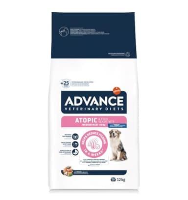 Advance Veterinary Diets Atopic Medium/Maxi - Crocchette Cane Ipoallergenico per Dermatite Atopica e Problemi Pelle - Cibo Secco con Trota, Patata e Aloe Vera - Riduce Prurito - 12 kg