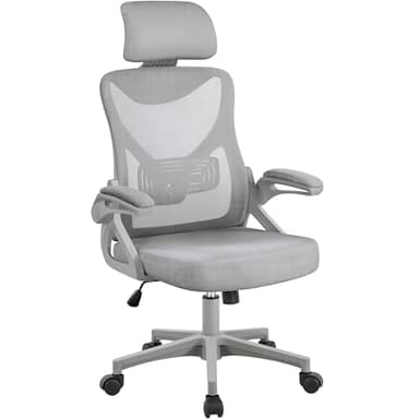 Yaheetech Sedia Ufficio Ergonomica con Braccioli Poggiatesta Regolabile Schienale Alto Funzione Dondolo Poltrona Scrivania Girevole in Rete Traspirante con Supporto Lombare Grigio Intero