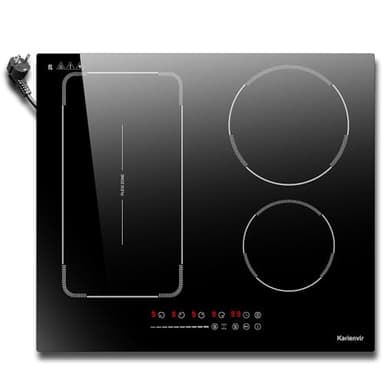 Karienvir Piano induzione 4 fuochi 60 cm, piano cottura a induzione con spina 220 V, Piano cottura a induzione Flexible Zone, blocco di sicurezza, pausa, timer da 99 min, boost, 3500 W