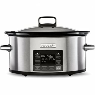 Crock-pot Pentola Cottura Lenta,Slow Cooker,Spegnimento Automatico,5.6 lt,fino 6-8 Persone,Funzione TimeSelect per Programmare orario fine cottura, Funzione Warm automatica, Ceramica, 240W, Argento