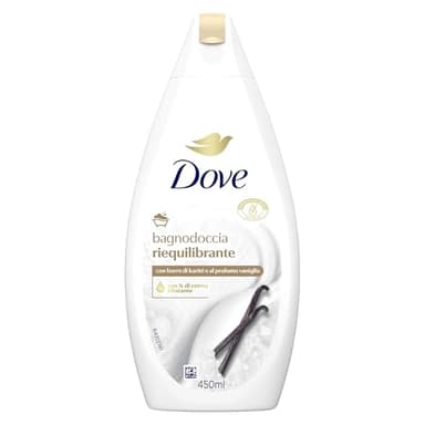 Dove Bagnodoccia Riequilibrante, Idratante Dermo-Naturale, Burro di Karité e Vaniglia, 1/4 Crema Idratante, Dermatologicamente Testato, Bagnoschiuma Uomo e Donna, 100% Bottiglia Riciclata* 450ml