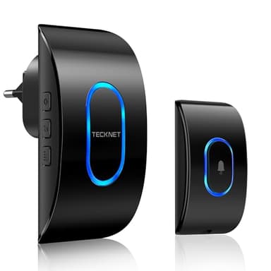 TECKNET Campanello Senza Fili, Portata 400m 60 Melodie e 5 Livelli di Volume Indicatori LED de Esterno IP65 Impermeabile Campanelli Wireless (Nero, 1 Trasmettitore + 1 Ricevitori)
