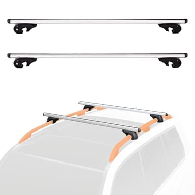 Amazon Basics - Portapacchi da tetto a croce, 142 cm, si adatta a distanze fino a 126 cm tra le sponde laterali rialzate con fessura, confezione da 2, nero/argento