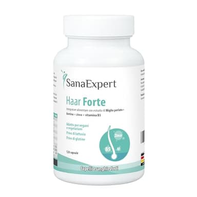 SanaExpert Haar Forte - Rinforza Capelli e Unghie - Con Biotina, Zinco, Miglio Perlato e Selenio - Vitamine per Capelli Forti - 120 Capsule Vegane, Anti-caduta - Prodotto in Germania