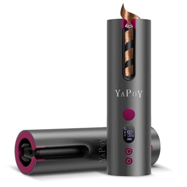 YAPOY Arricciacapelli Automatico Senza Fili Ricaricabile Bigodini Automatici con 5 Tempi e Timer, Camera di Lsolamento Termico, Schermo LCD, Adatto per Capelli Corti e Lunghi - Grigio&Magenta