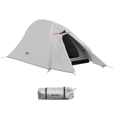 Outsunny Tenda da Campeggio a 2 Livelli con Tasca Portaoggetti e Borsa da Trasporto, Tenda da Trekking in Poliestere e Alluminio, 300x135x110 cm, Grigio Chiaro