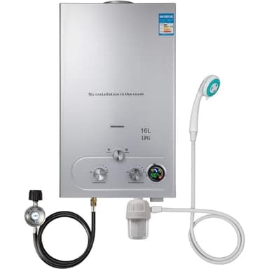 Scaldabagno a Gas GPL Propano, 16L 32kW Scaldabagno a Gas con Soffione Doccia, Scaldabagno a Propano Senza Serbatoio per la Casa per Abitazioni, per campeggio, doccia per cavalli