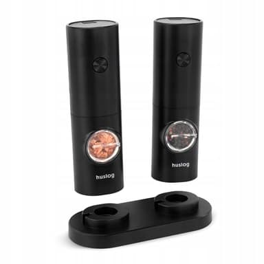 Huslog Macinasale e Pepe Elettrico con Luce LED durante la Macinatura, Funzionamento a Batterie (4×AAA), Grossolanità Regolabile, Contenitore 70 ml, con Base e Spazzola di Pulizia, Nero